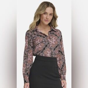Tommy Hilfiger Pink and Black Paisley V-Neck Blouse, NWTS, sz small